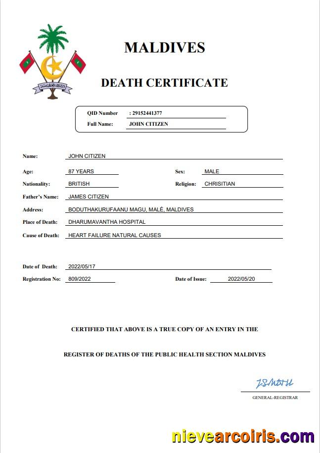Maldives vital record death certificate